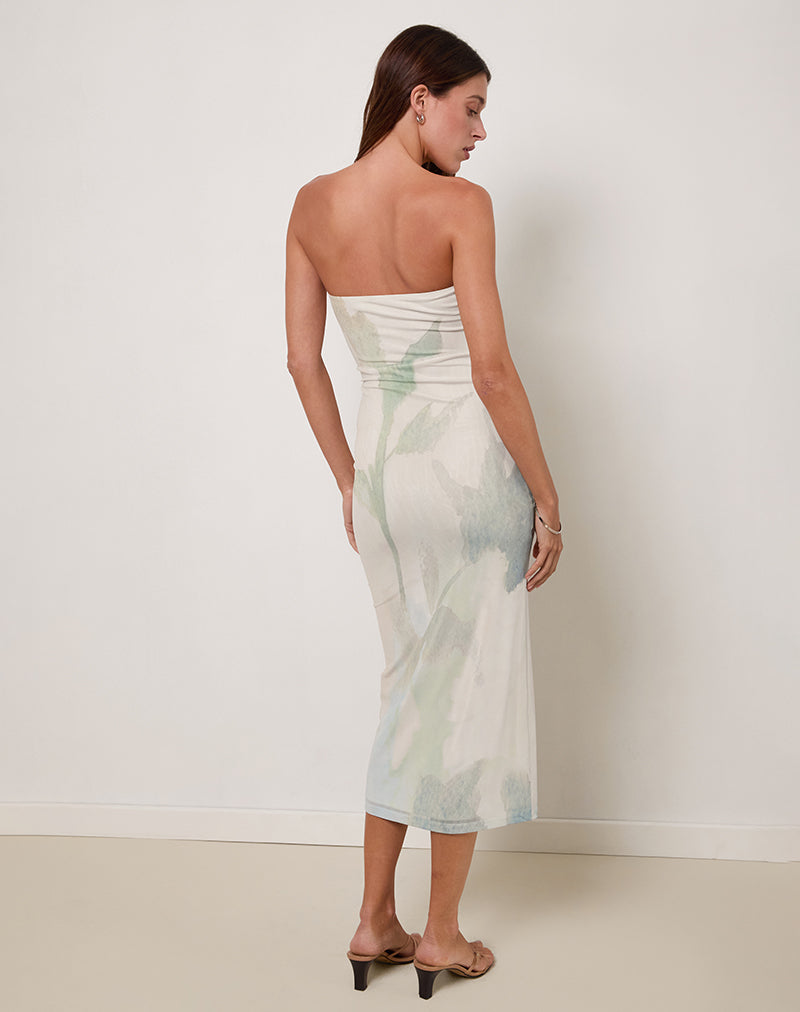 Image of Rosbandi Bandeau Midi Dress in Abstract Painted Flower Blue