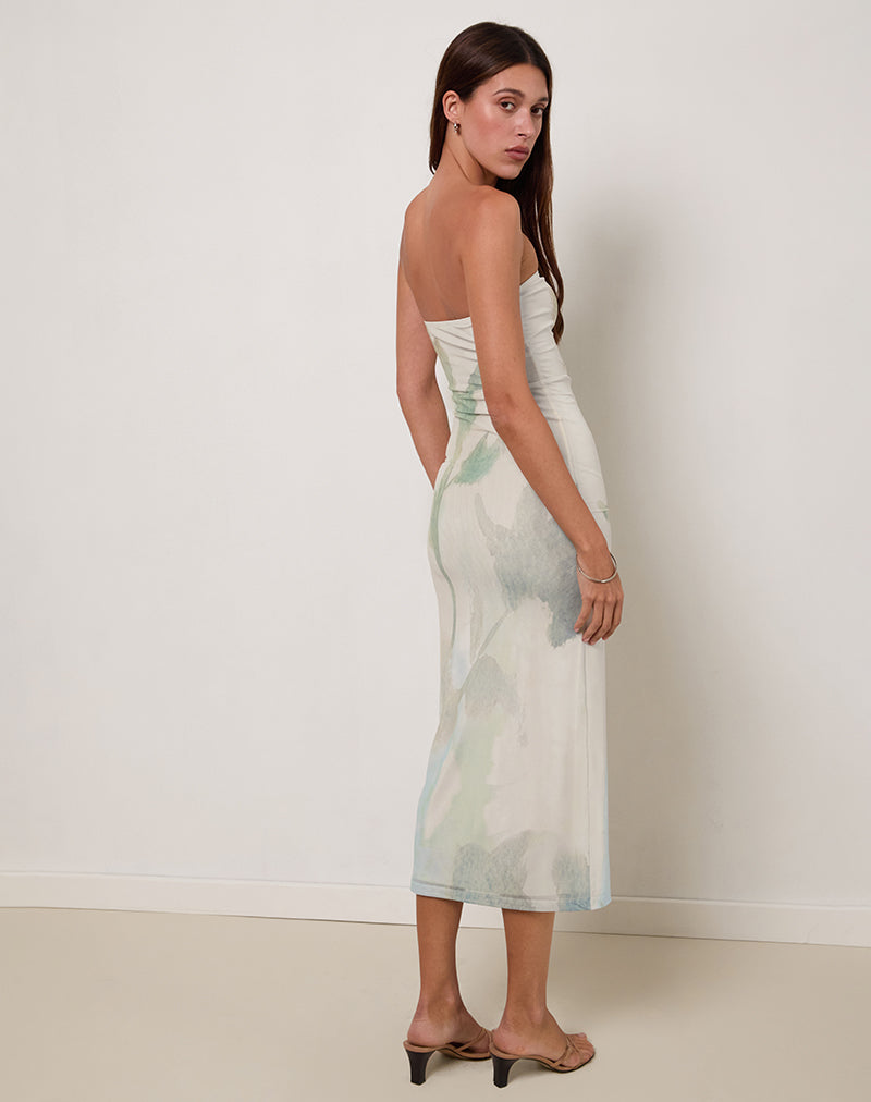 Image of Rosbandi Bandeau Midi Dress in Abstract Painted Flower Blue