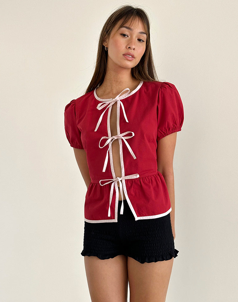 Ryota Tie Front Blouse in Adrenaline Red with Pink Binding