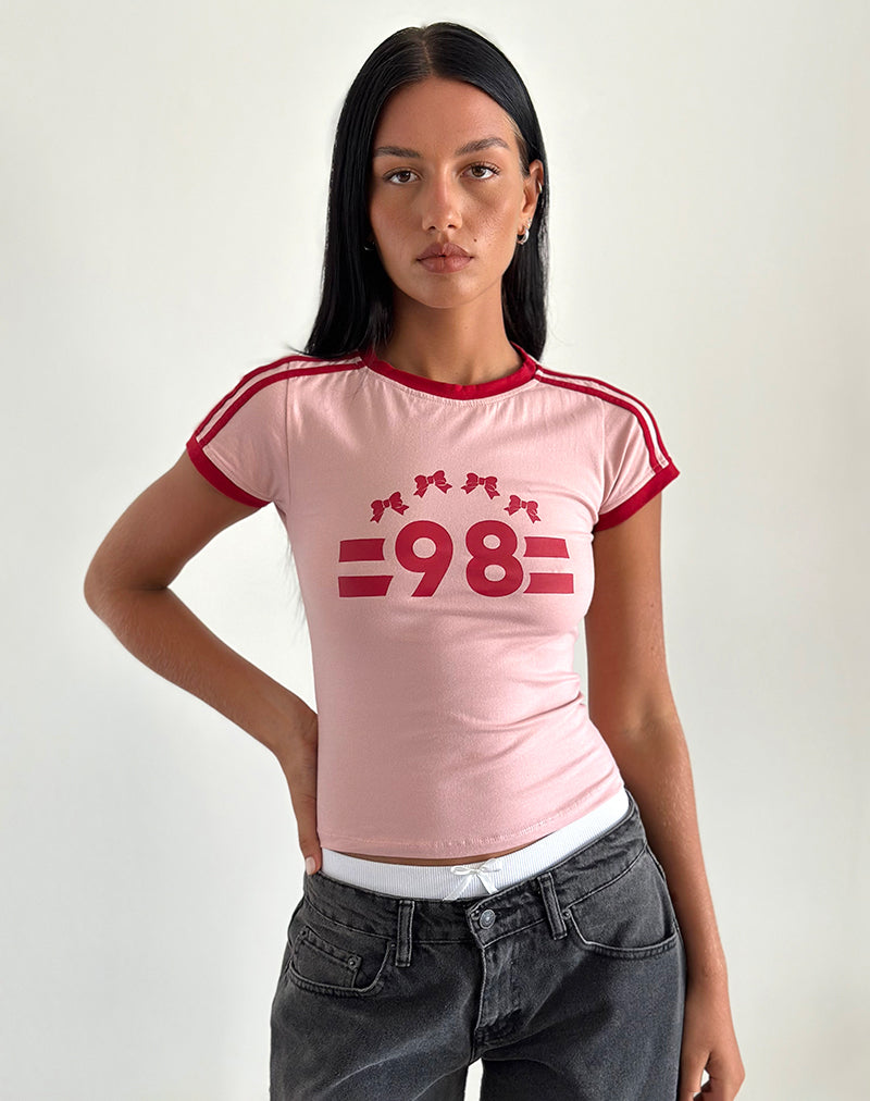 Salda Tee in Pink Lady with Adrenaline Red Binding and '98' Emb