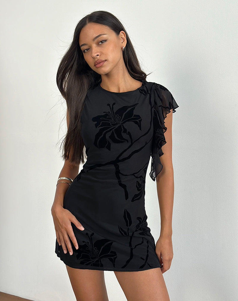 motel kasila mini dress black daisy flock Salya Mini Dress in Orchids Flock Black