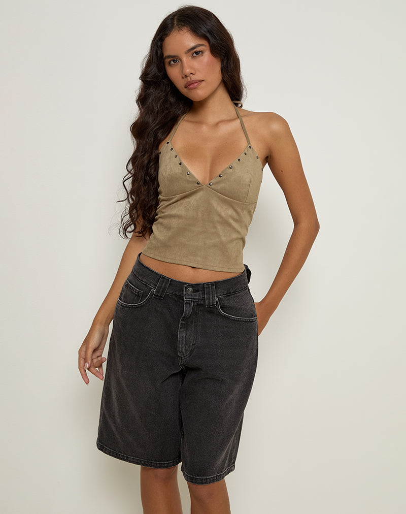 Image of Cressa Top in Faux Suede Mushroom Grey