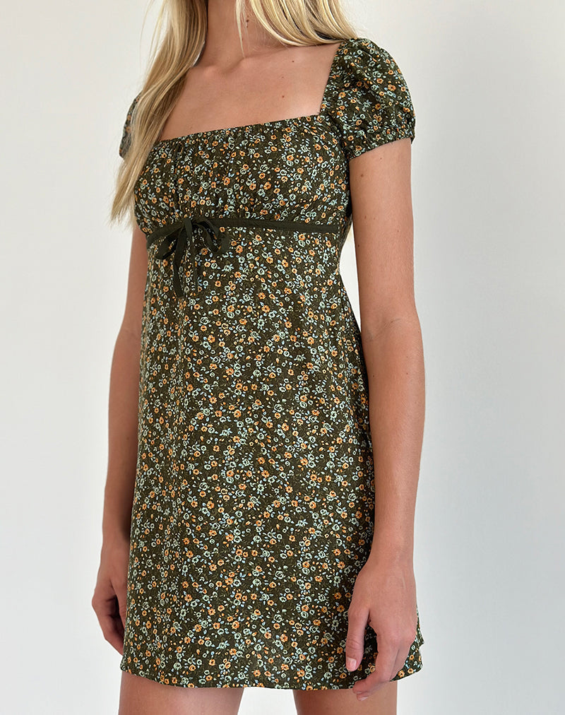 Savio Mini Dress in Grunge Floral Khaki Savio Mini Dress in Grunge Floral Khaki