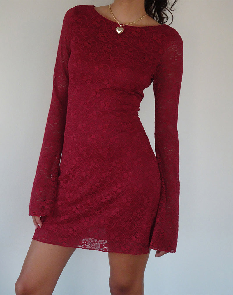 Deep Red Lace Long Sleeve Mini Dress Sevila motelrocks com aus