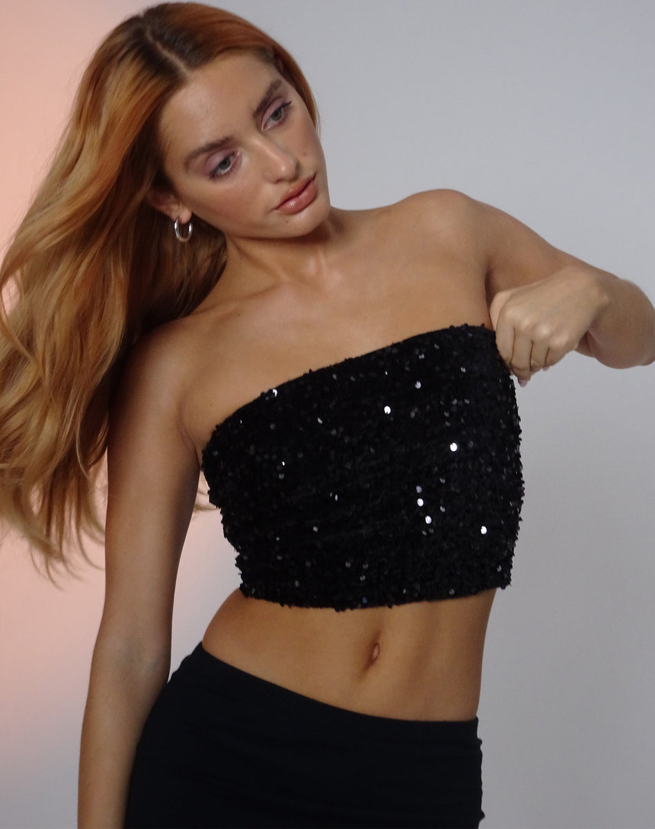 Victray Sequins Tube Top Stretch Bandeau Strapless Sequin Crop Top