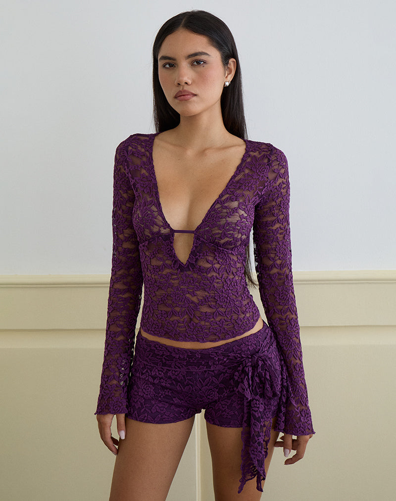 Image of Mahota Deep Plunge Long Sleeve Top in Lace Purple