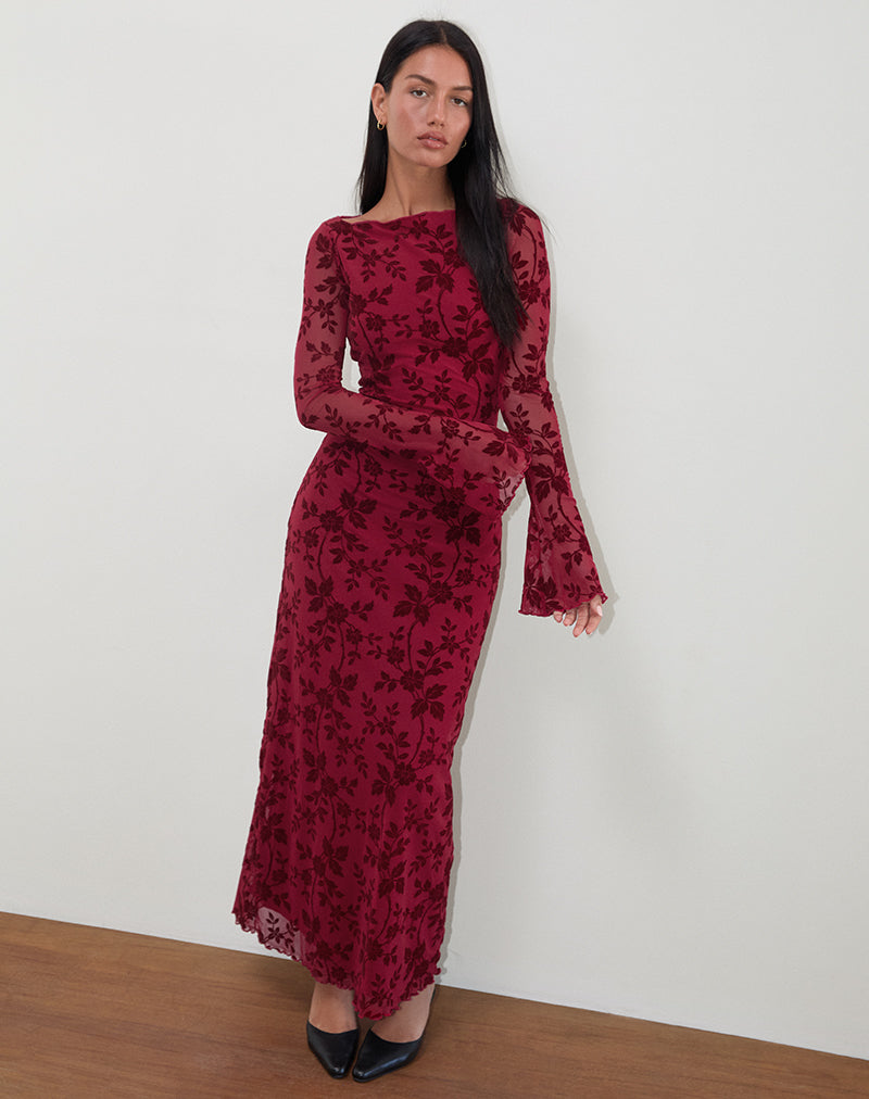 knee length dresses for ladies Cherry Red Vine Floral Flock Long Sleeve Maxi Dress