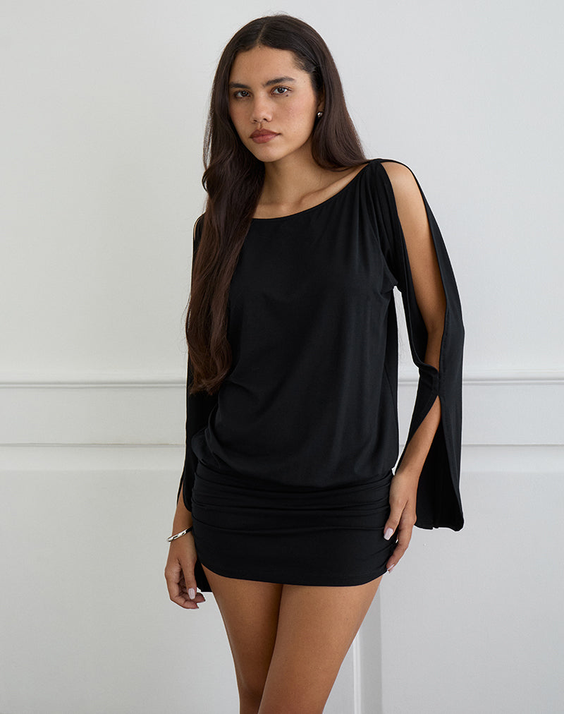 Image of Sybe Cut Batwing Sleeve Mini Dress in Black