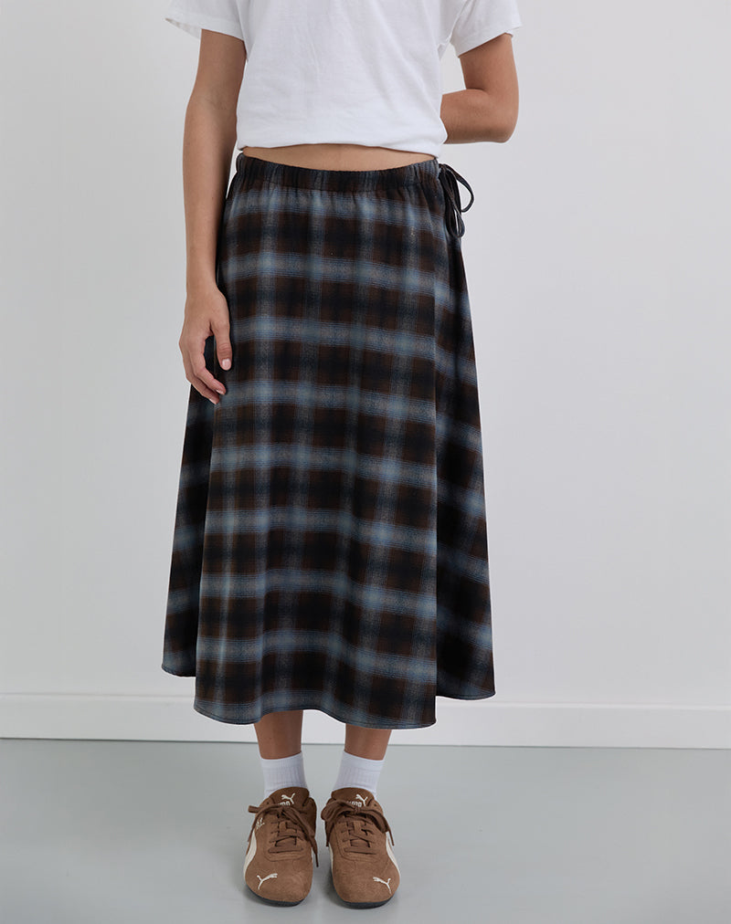 Image of Taka Midi Skirt in Blue and Brown Check