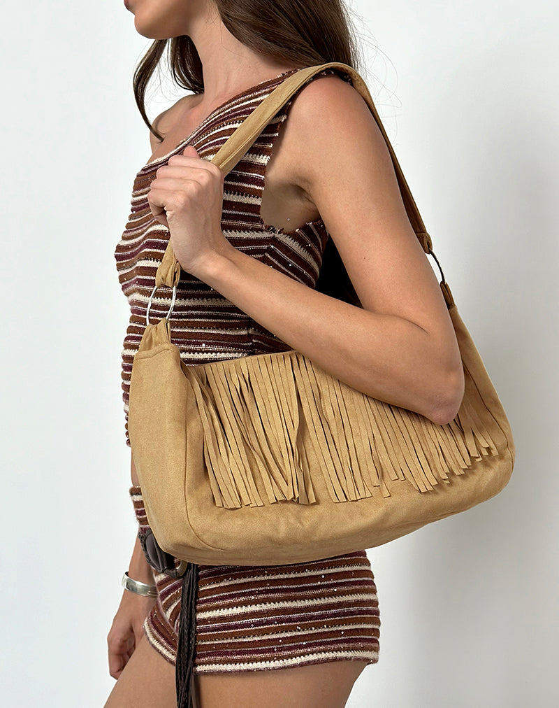 Image of Teria Tassel Bag in Suede Tan