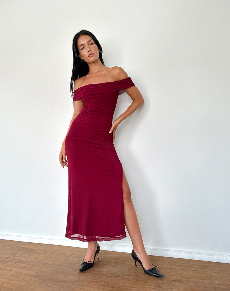 Burgundy bardot 2024 bridesmaid dress