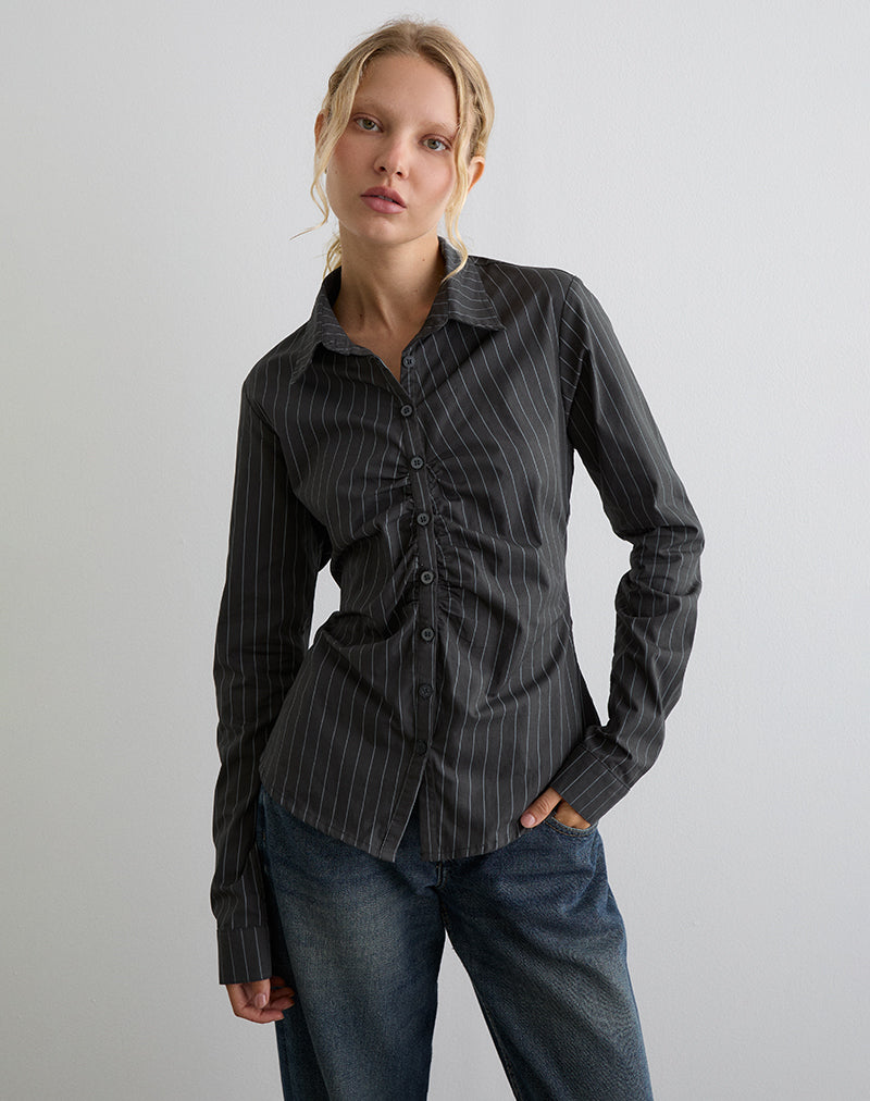 Image of Tarsi Fitted Shirt in Mono Pinstripe Grey
