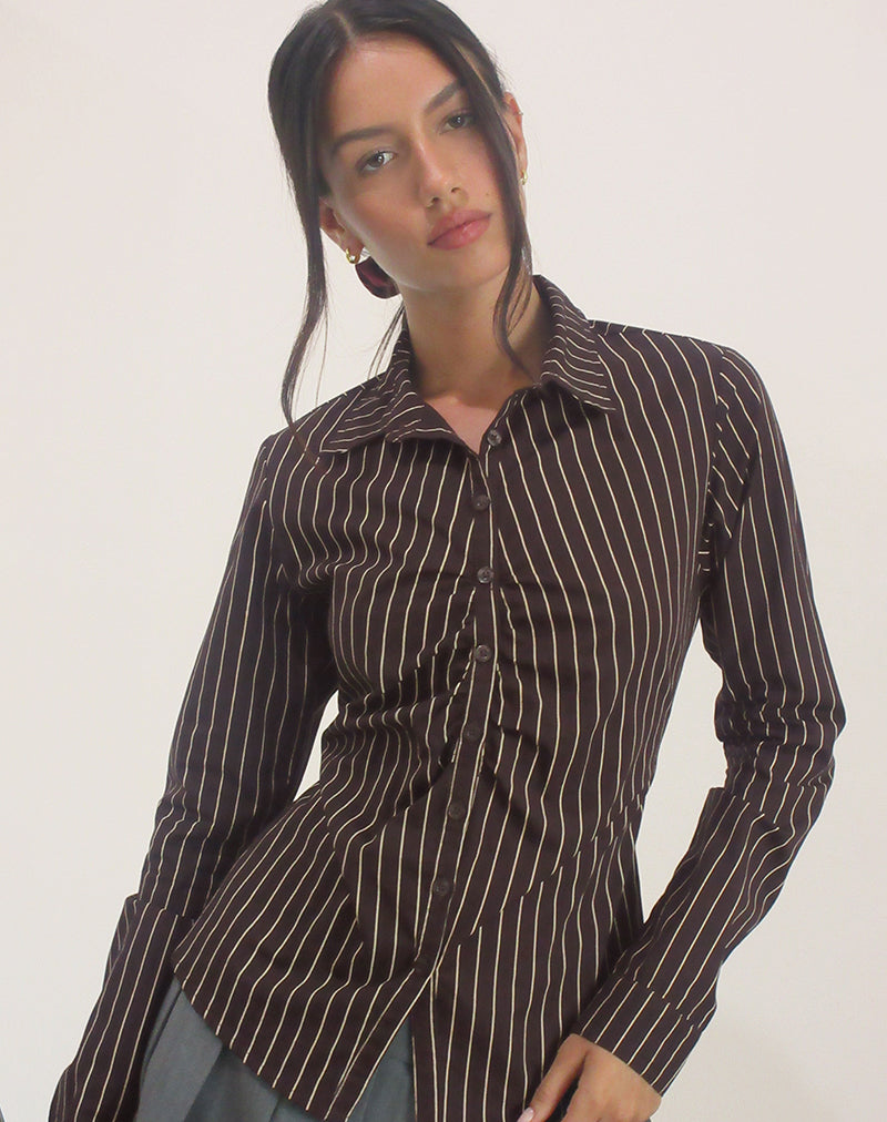 Image of Tarsi Fitted Shirt in Mono Pinstripe Chocolate