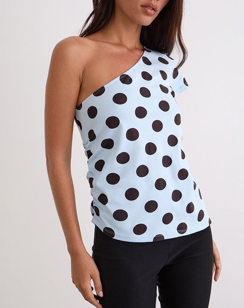 Tokiwa Asymmetric Shoulder Tee in Big Polka Blue Brown