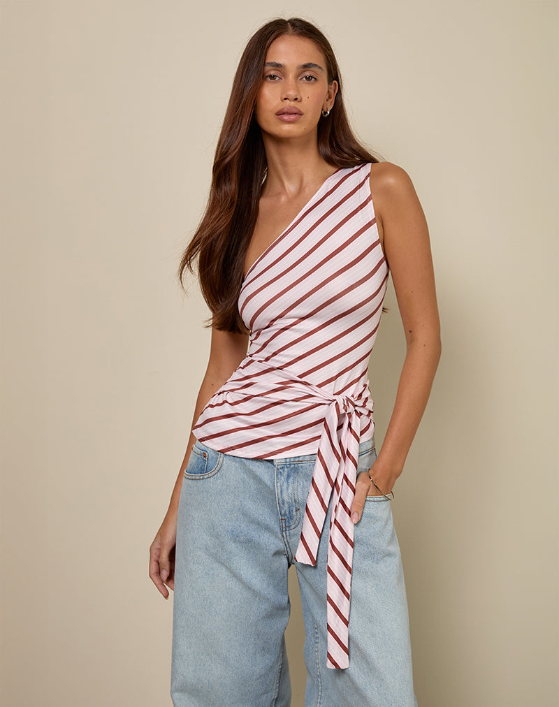 Uberta Asymmetric One Shoulder Tie Top in Diagonal Stripe Pink