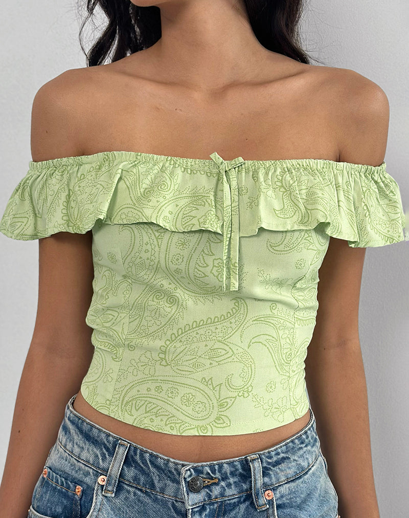 Image of Yokai Bardot Top in Retro Paisley Lime