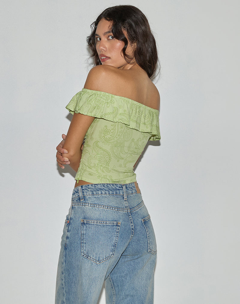 Image of Yokai Bardot Top in Retro Paisley Lime