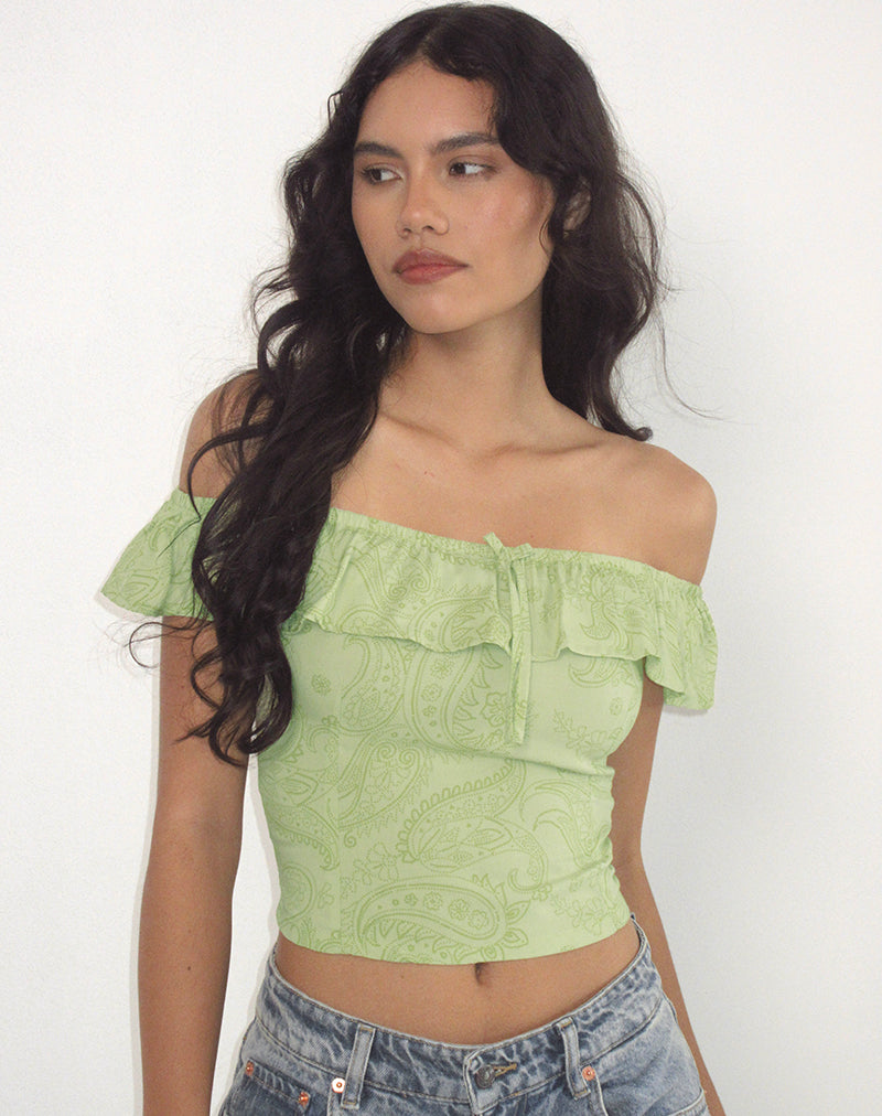Image of Yokai Bardot Top in Retro Paisley Lime