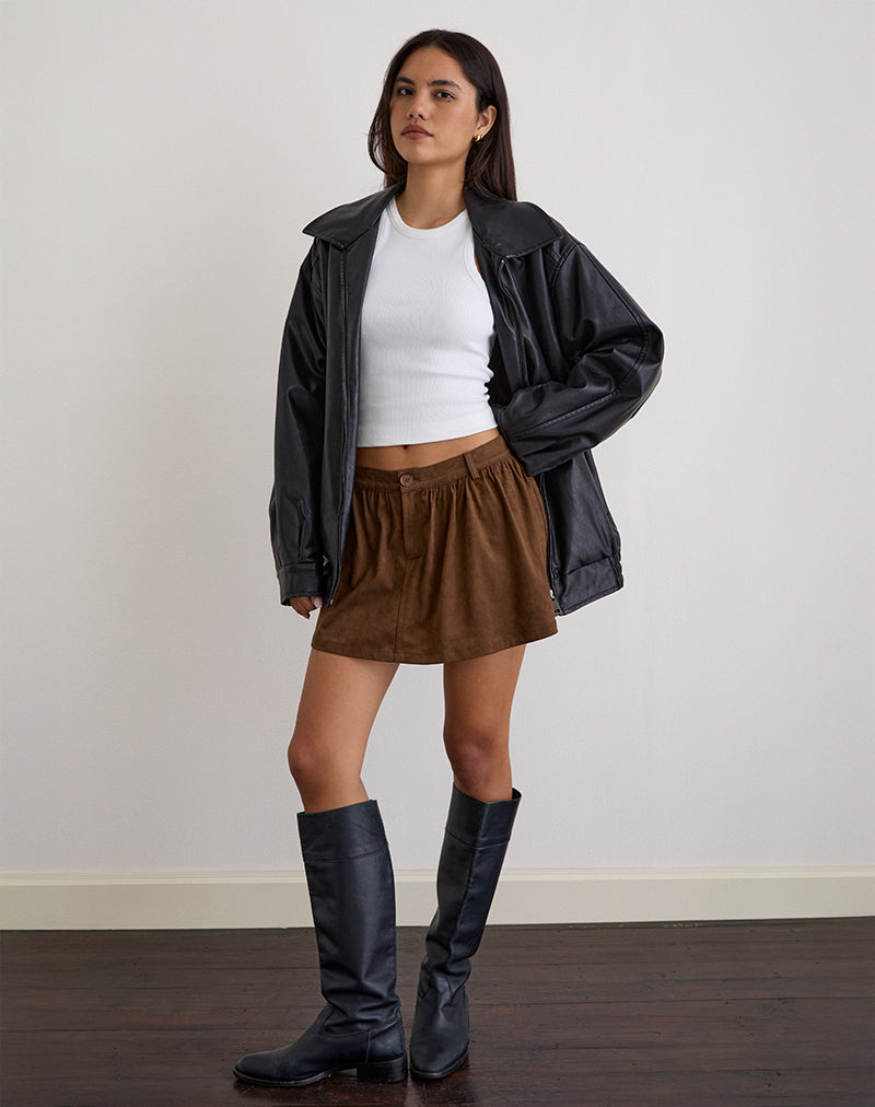 Image of Yonca Frill Mini Skort in Suede Brown