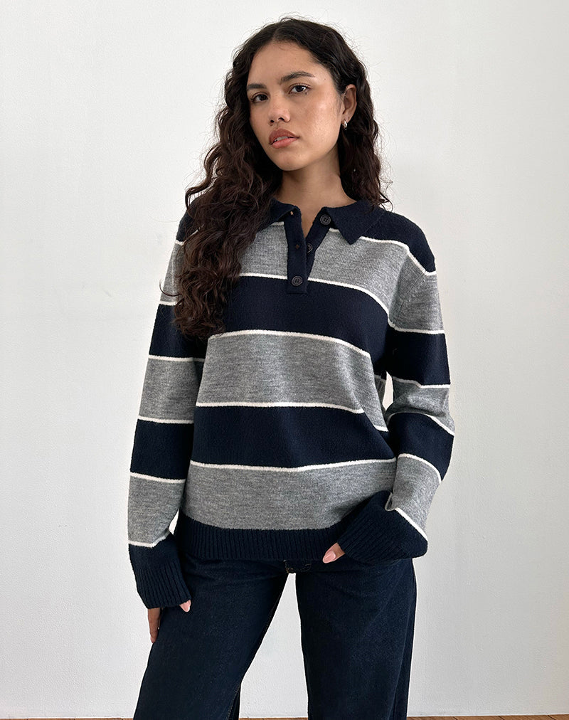 Navy Blue and Grey Stripe Rugby Sweatshirt Jumper | Yusnada