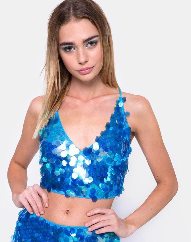 Blue sequin crop outlet top