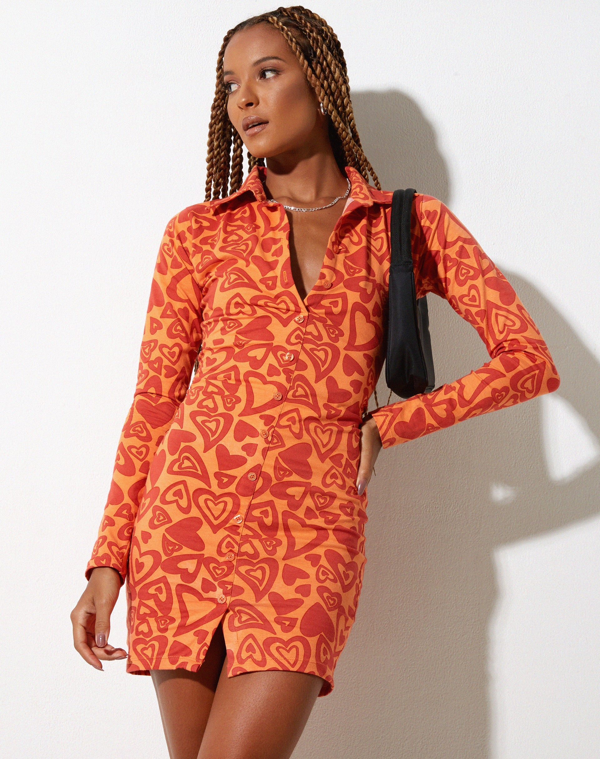 Image of Avaya Button Up Mini Dress in Retro Heart Orange