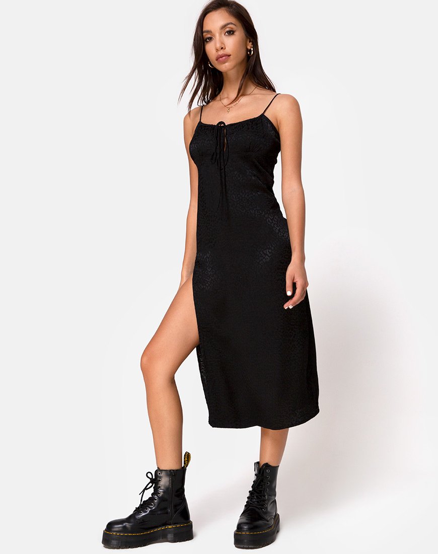 Image of Cypress Midi Dress in Satin Cheetah Black
