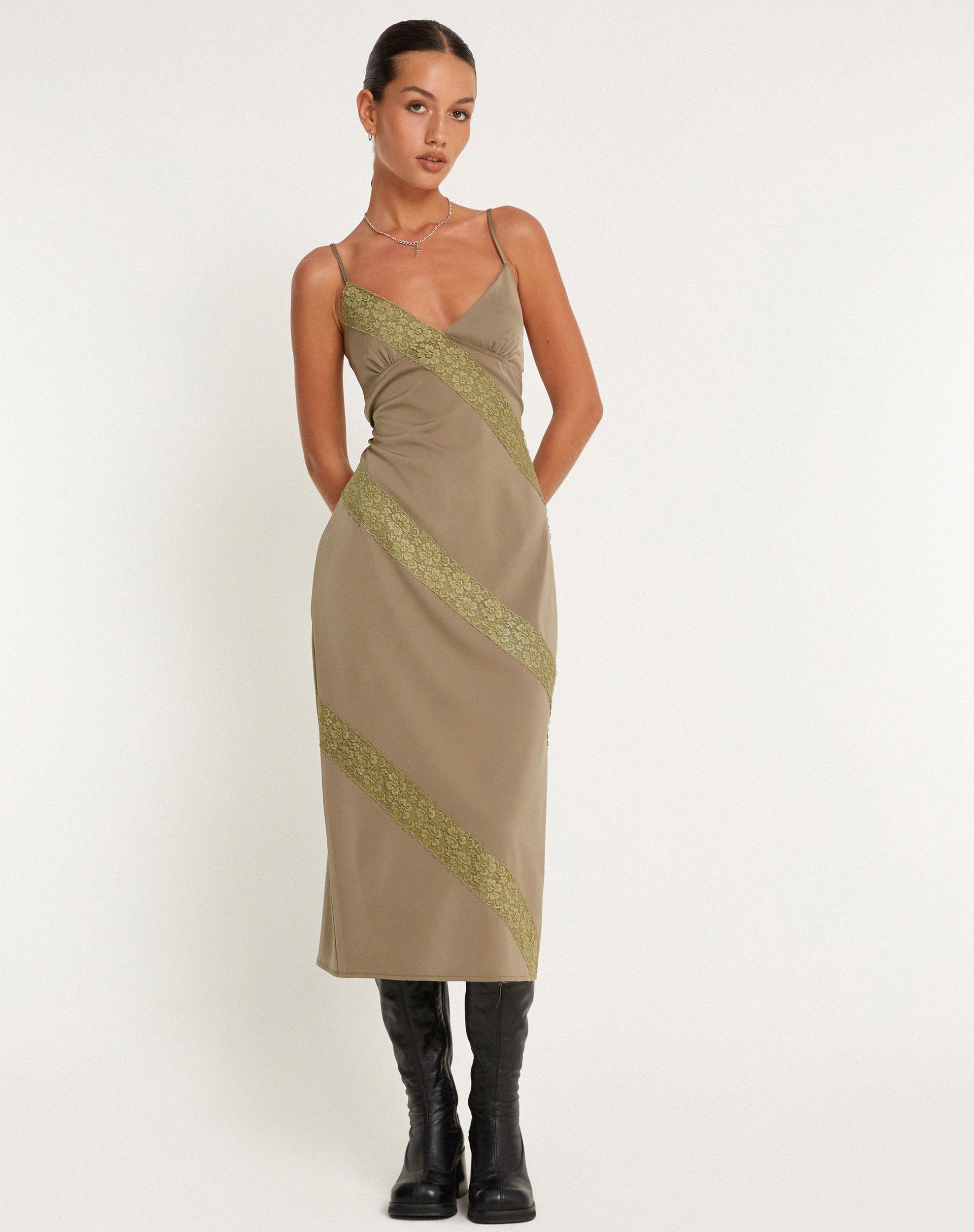 image of Deonne Midi Dress in Satin Avocado