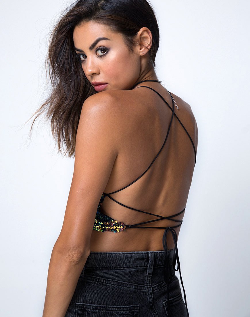 Image of Kingsley Crop Top in Fishcale Sequin Pink Oil