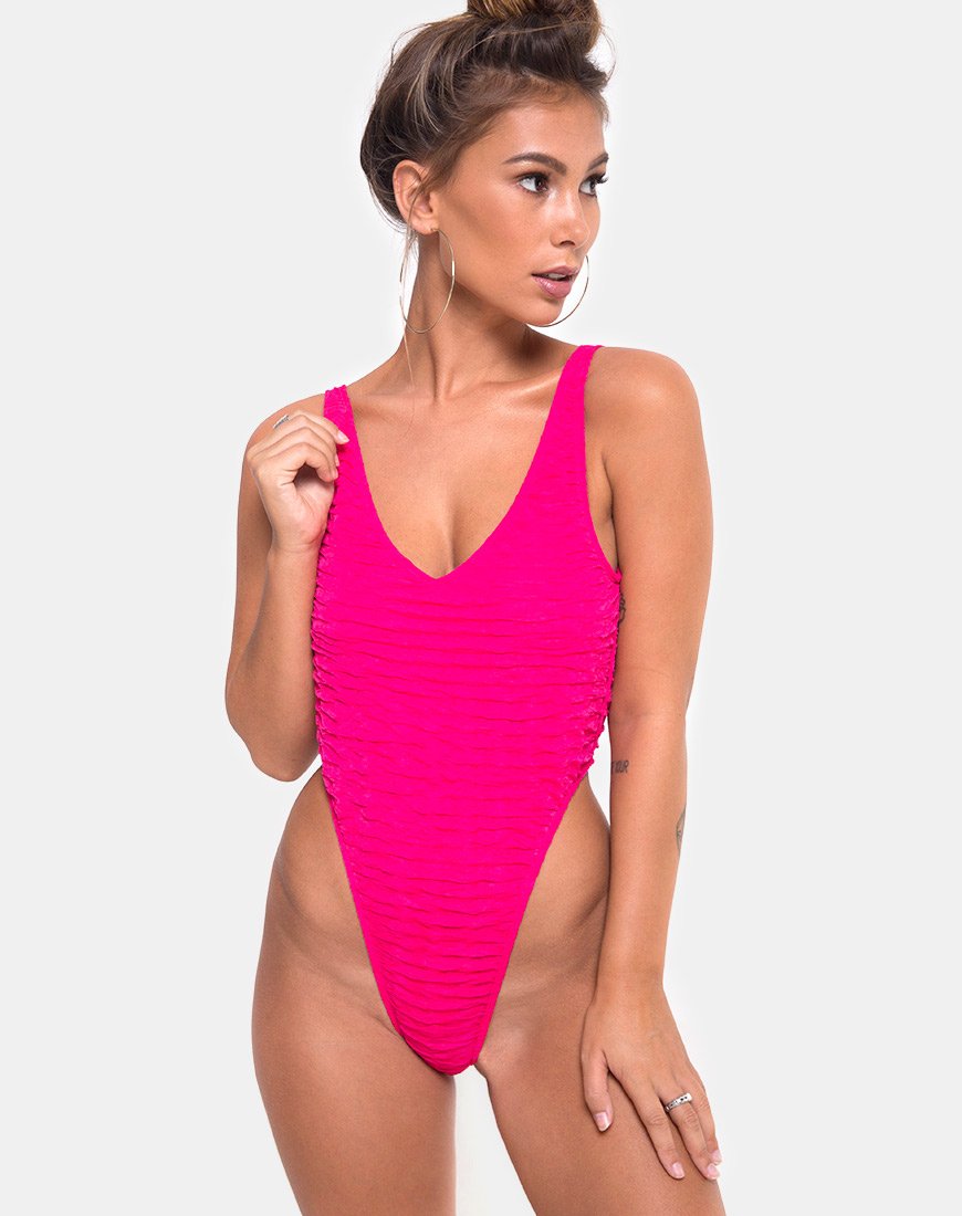 Pollie Swimsuit in 80 s Crinkle Pink Highlighter