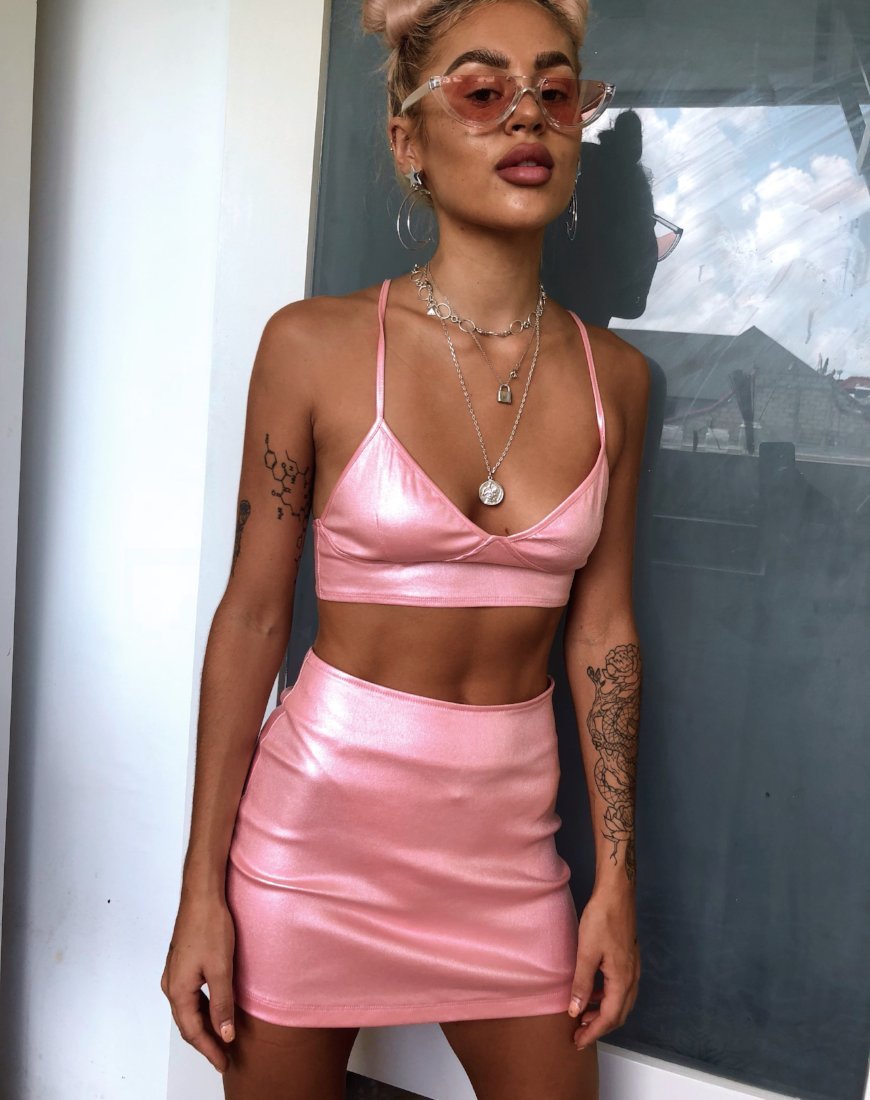 Ewi Mini Skirt in Metallic Shimmer Baby Pink motelrocks com aus