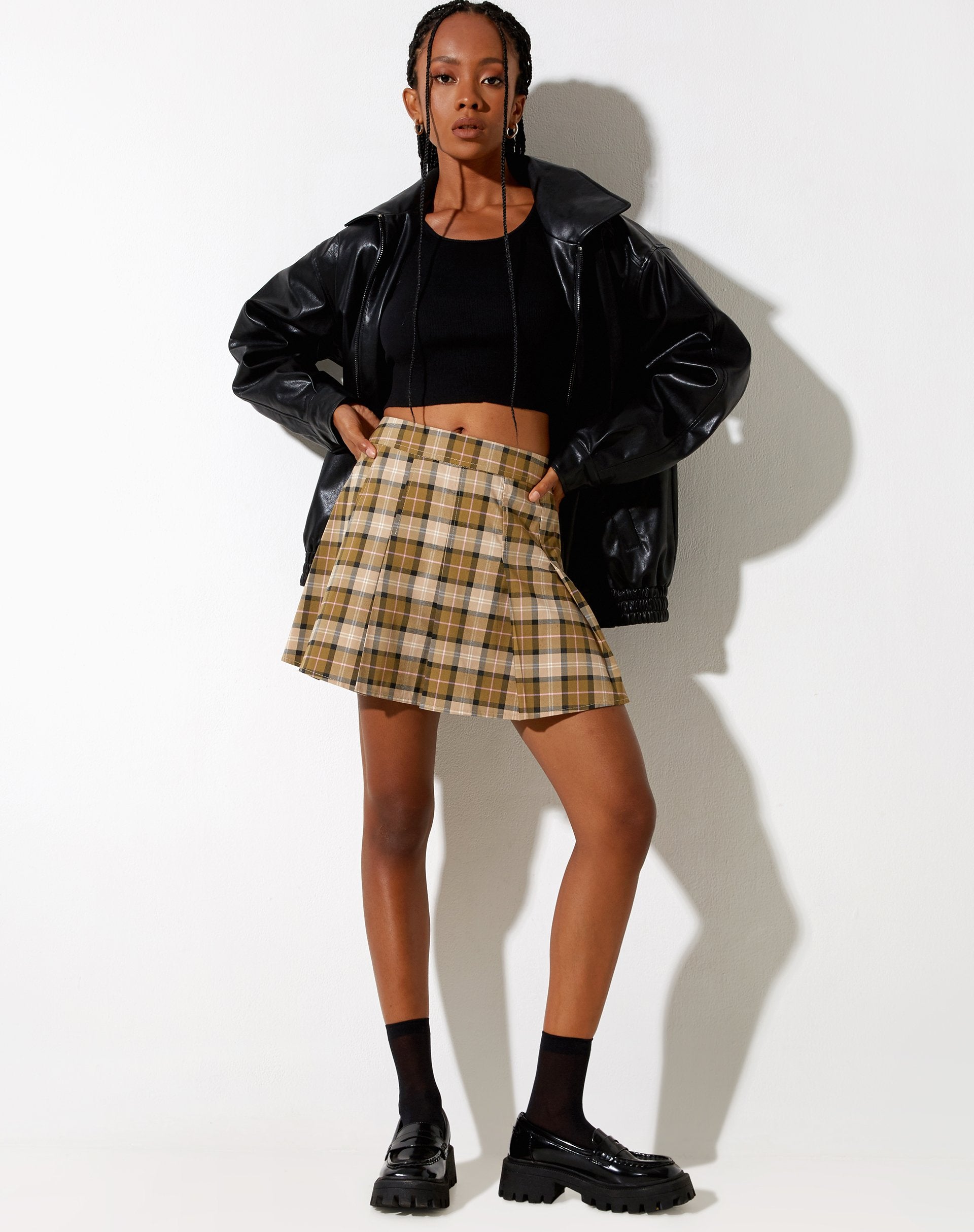 Image of Carga Mini Skirt in Check Brown Tan and Pink