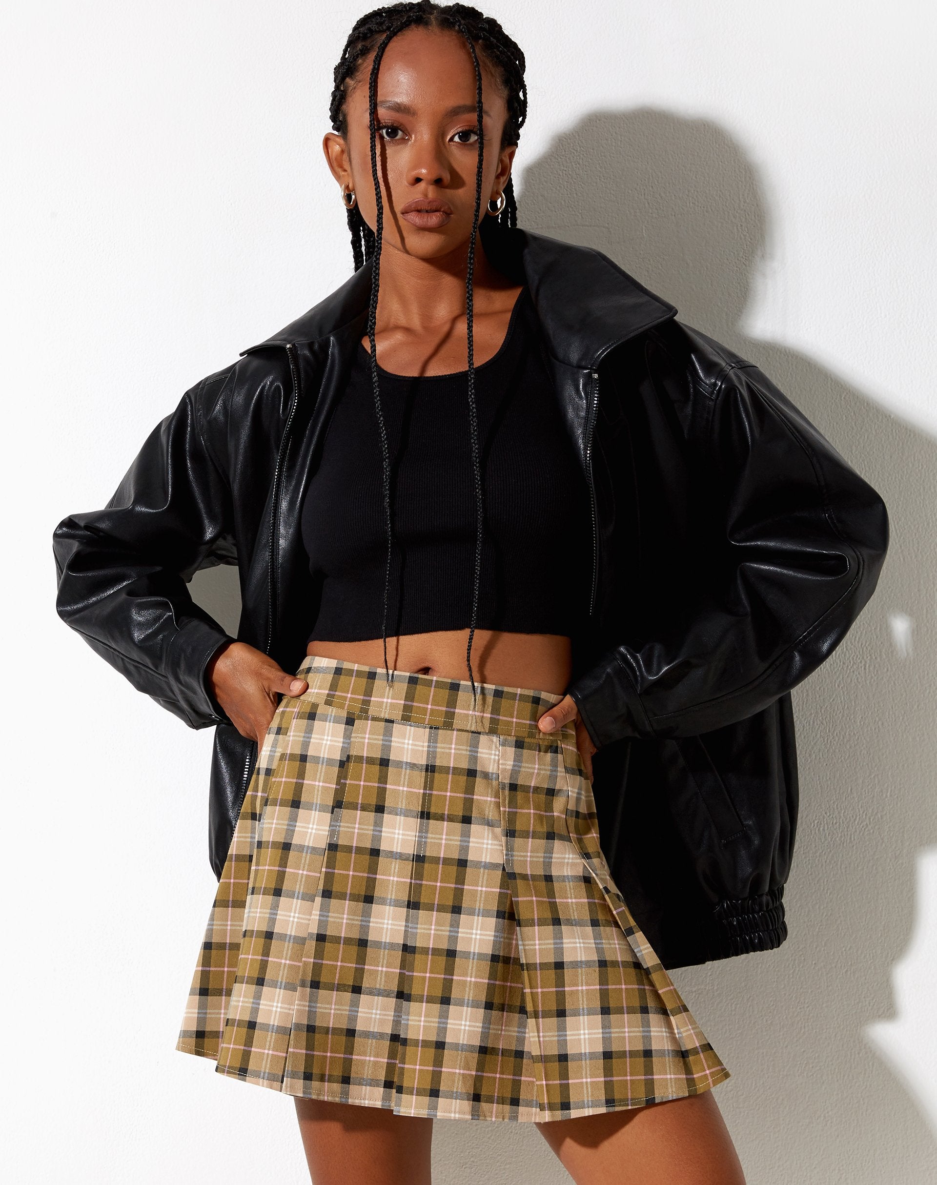 Image of Carga Mini Skirt in Check Brown Tan and Pink