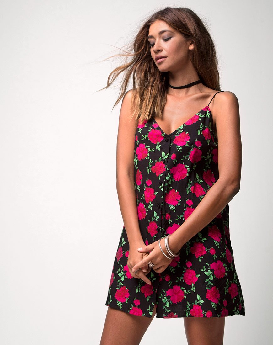 motel rocks black daisy dress Lisheva Midi Dress in Grunge Daisy Black , V Neck , Plunge Neckline
