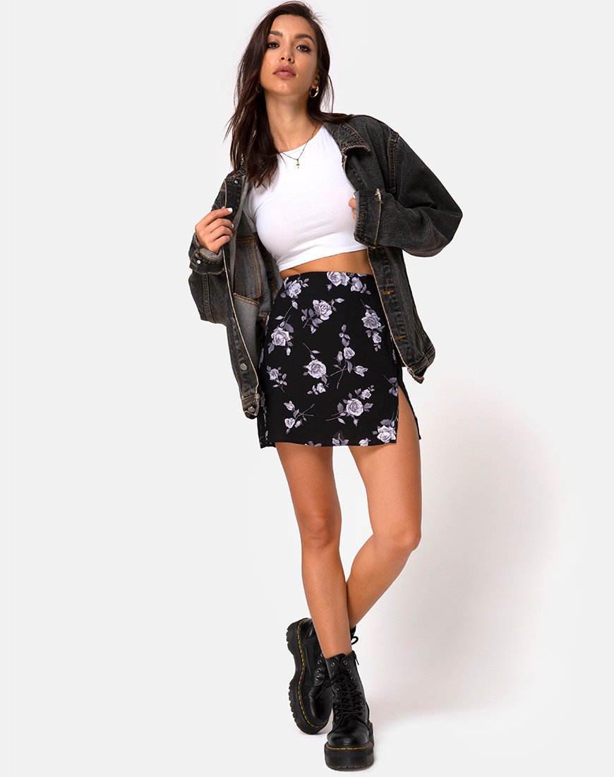 Image of Sheny Mini Skirt in White Rose Black