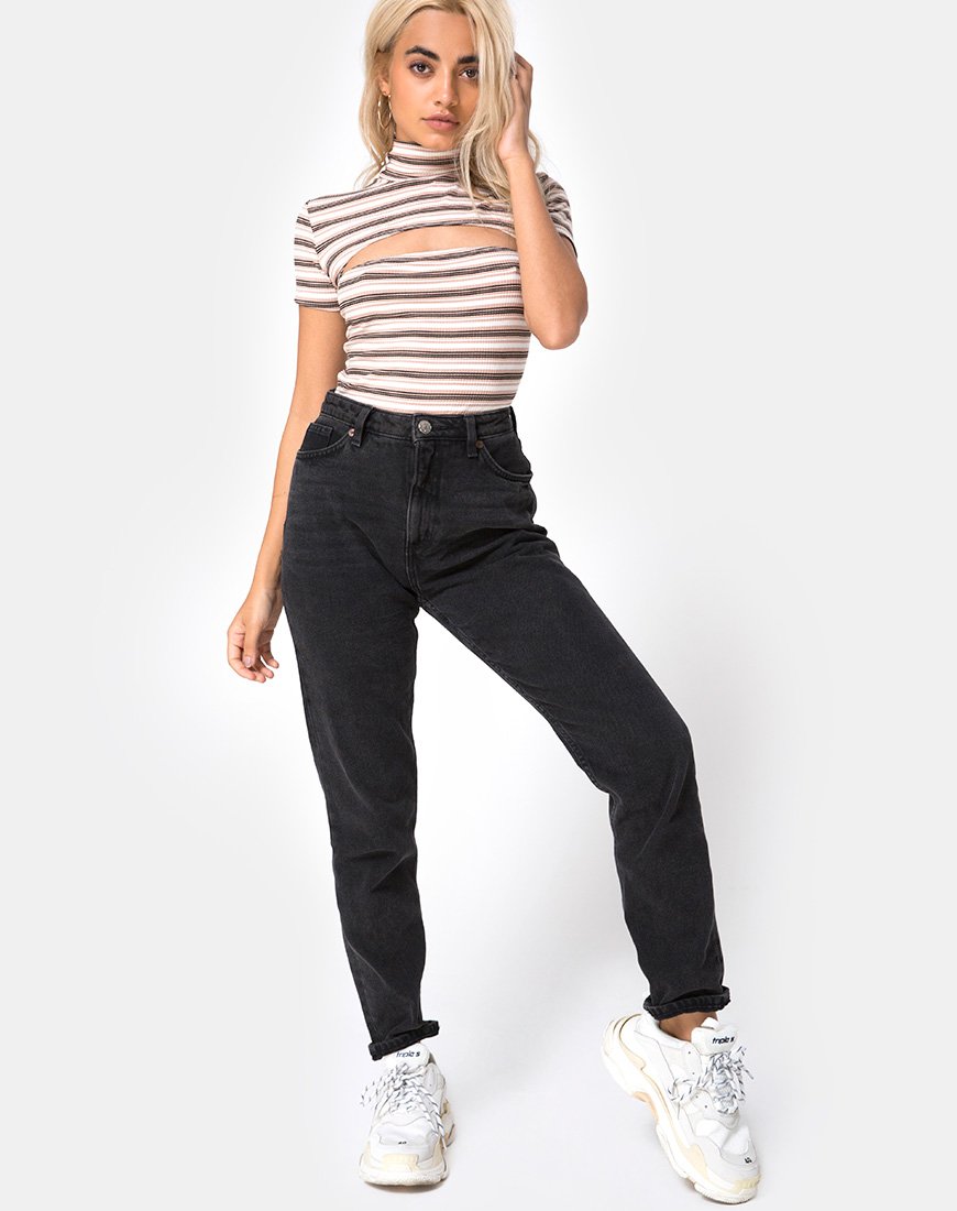 Image of Shidi Cutout Bodice in Rib Stripe Cream Black and Tan