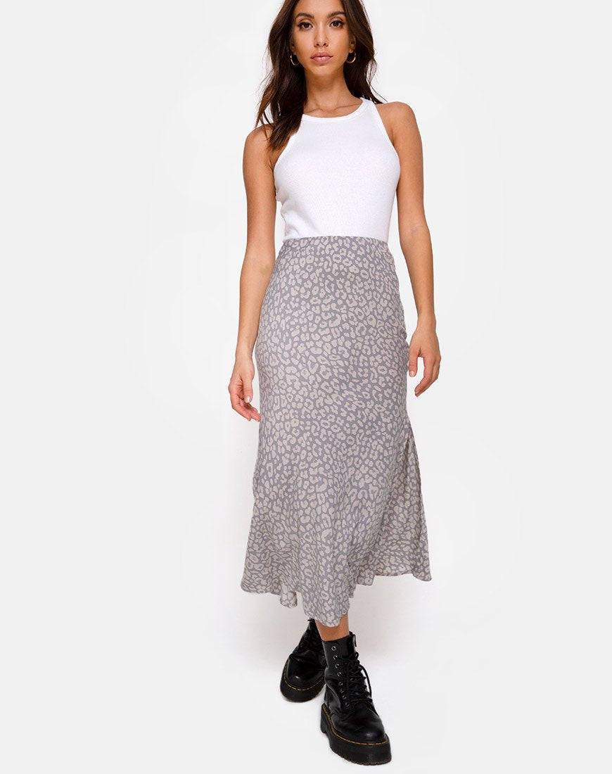 Grey leopard shop print midi skirt