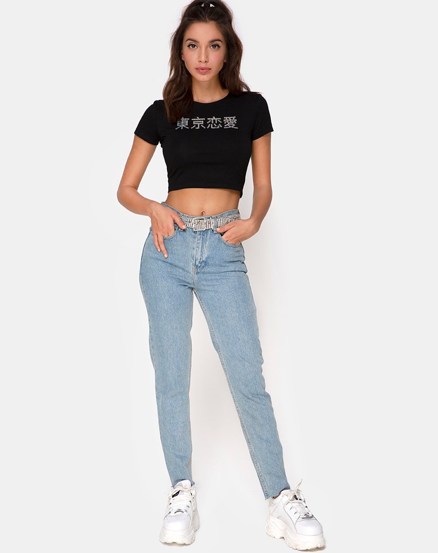 Image of Tiney Crop Top Tee in Black with Diamante Hotfix