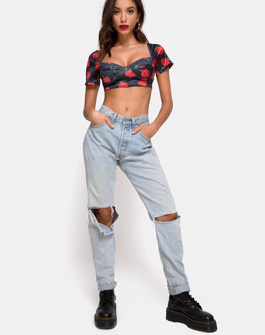 Image of Yoona Top in Satin Stretch Last Rose Black