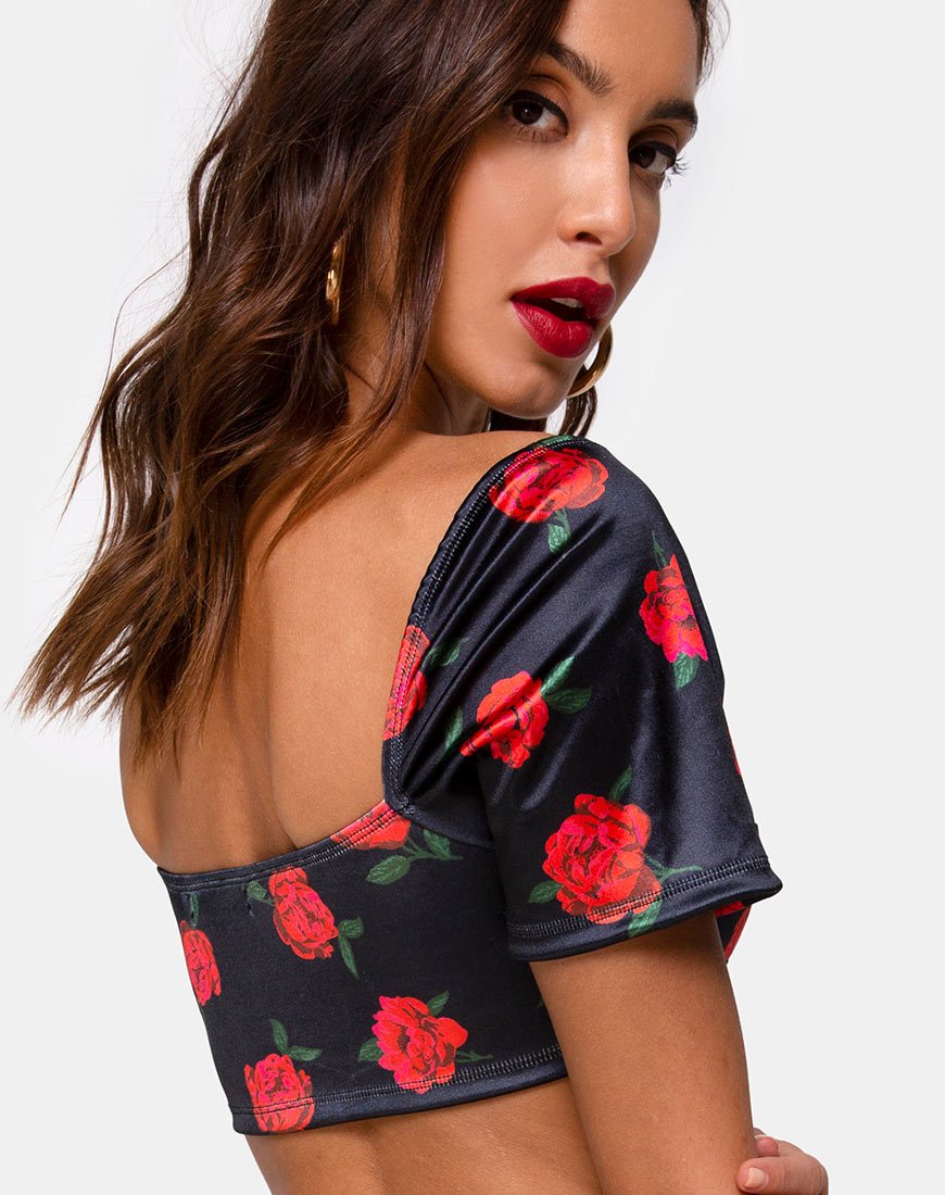 Image of Yoona Top in Satin Stretch Last Rose Black