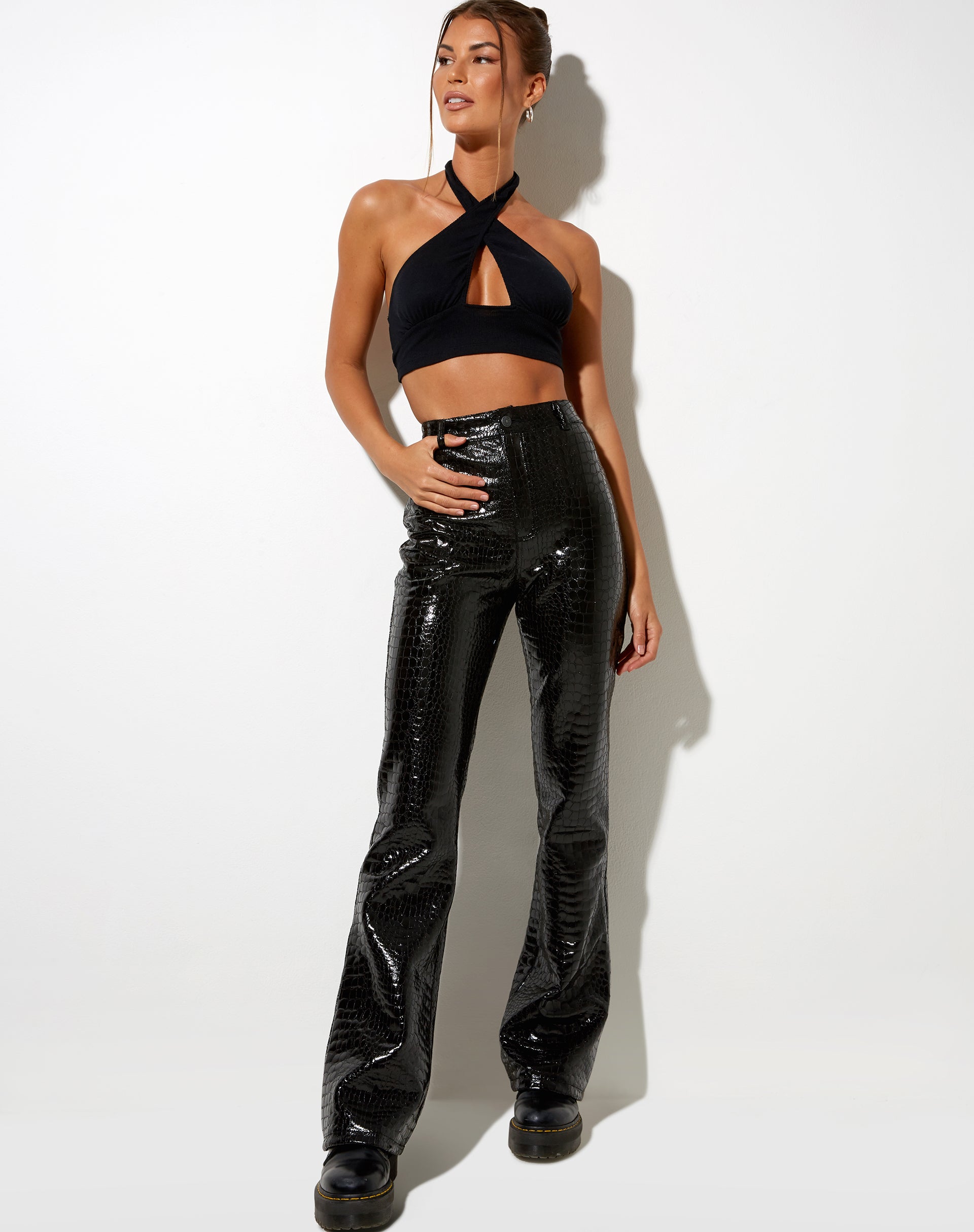 Image of Zoven Flare Trouser in Croc PU Black