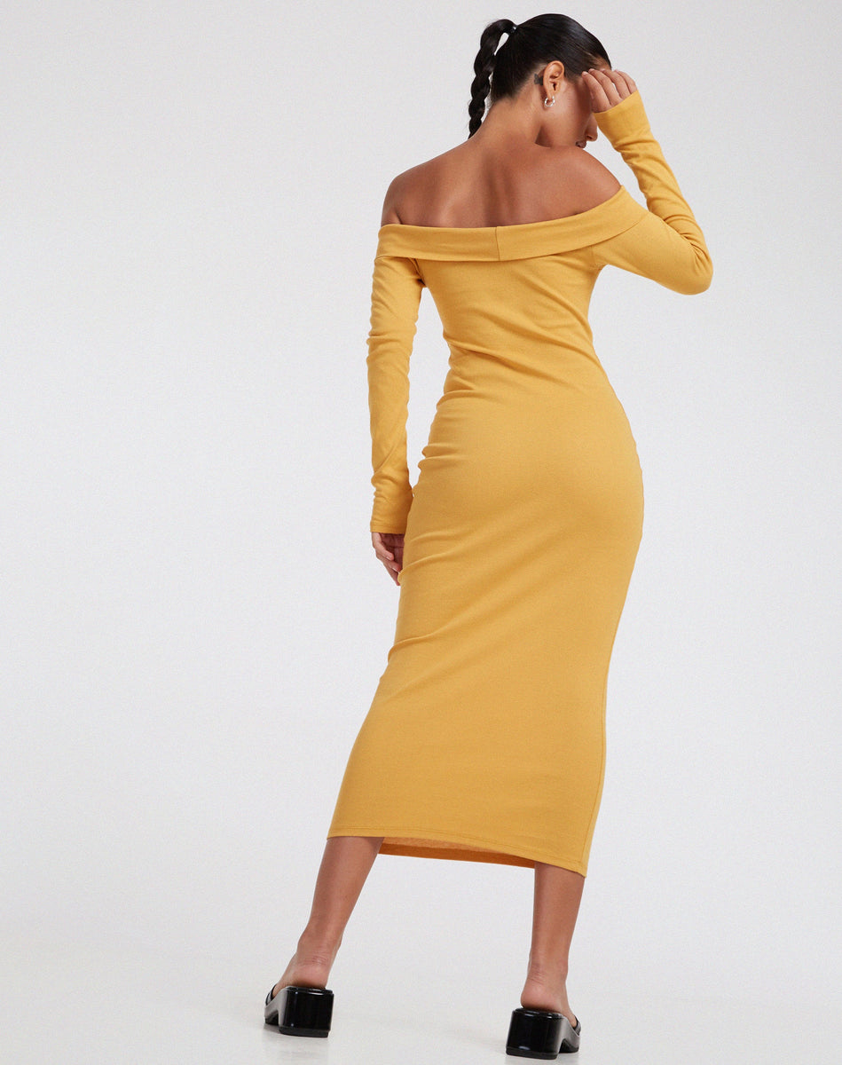 Long sleeve Rib Yellow Midi Dress