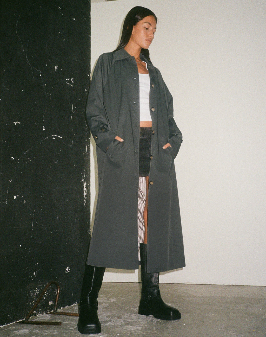 Assa Trench Coat in Light Charcoal with Stripe Lining