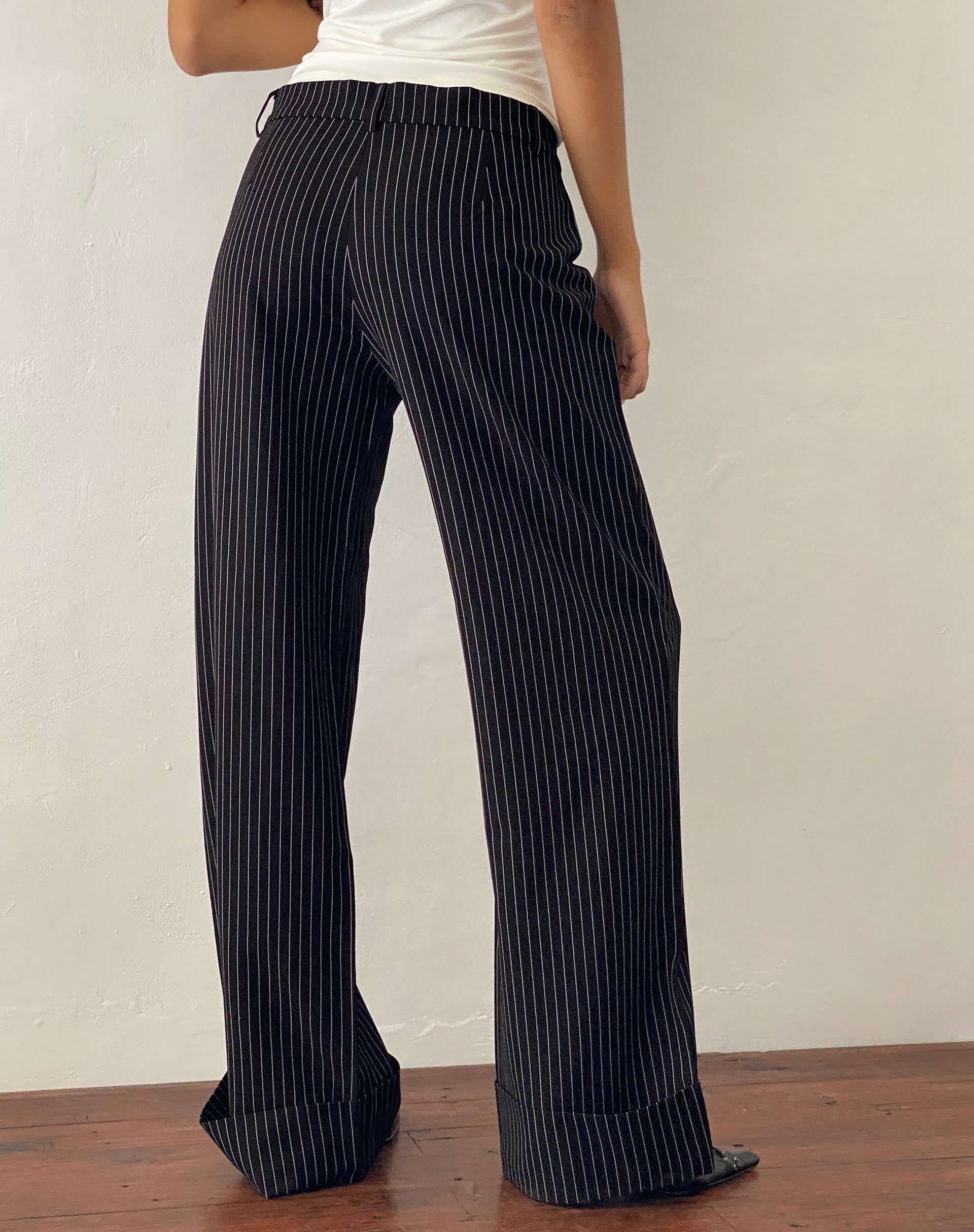 Image of Abba Low Rise Trouser in Black Pinstripe Tailoring