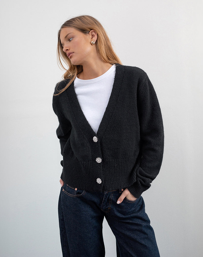 Acera Knitted Cardigan in Black with Silver Flower Buttons