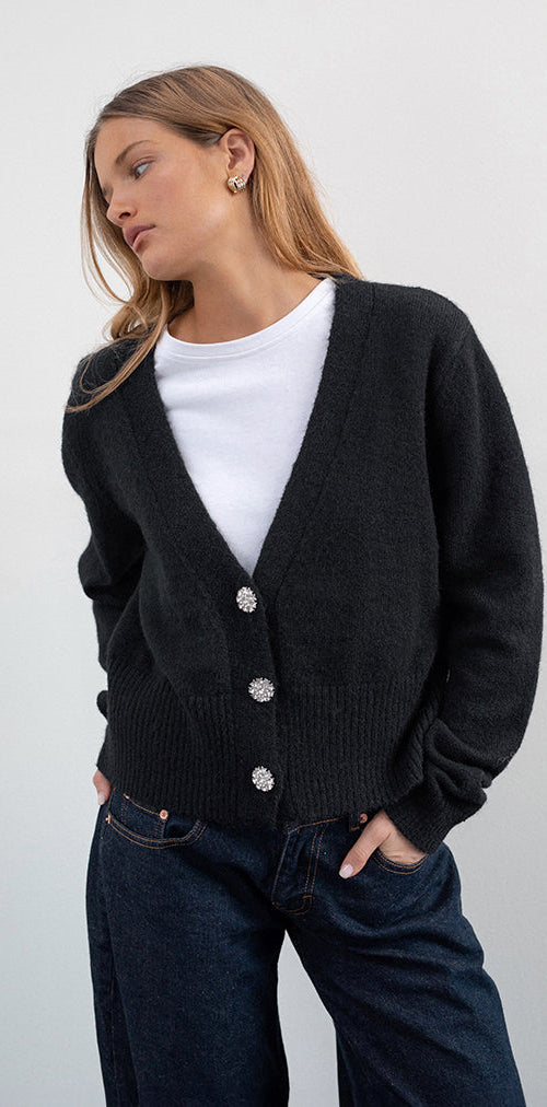Image of Acera Knitted Cardigan in Black with Silver Flower Buttons