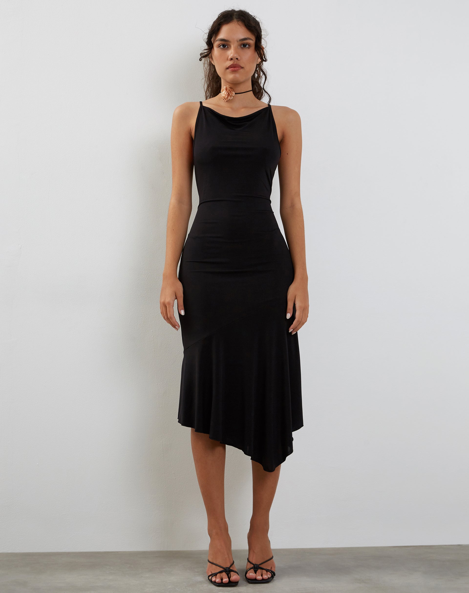 Adina Asymmetric Hem Midi Dress in Slinky Black Adina Asymmetric Hem Midi Dress in Slinky Black