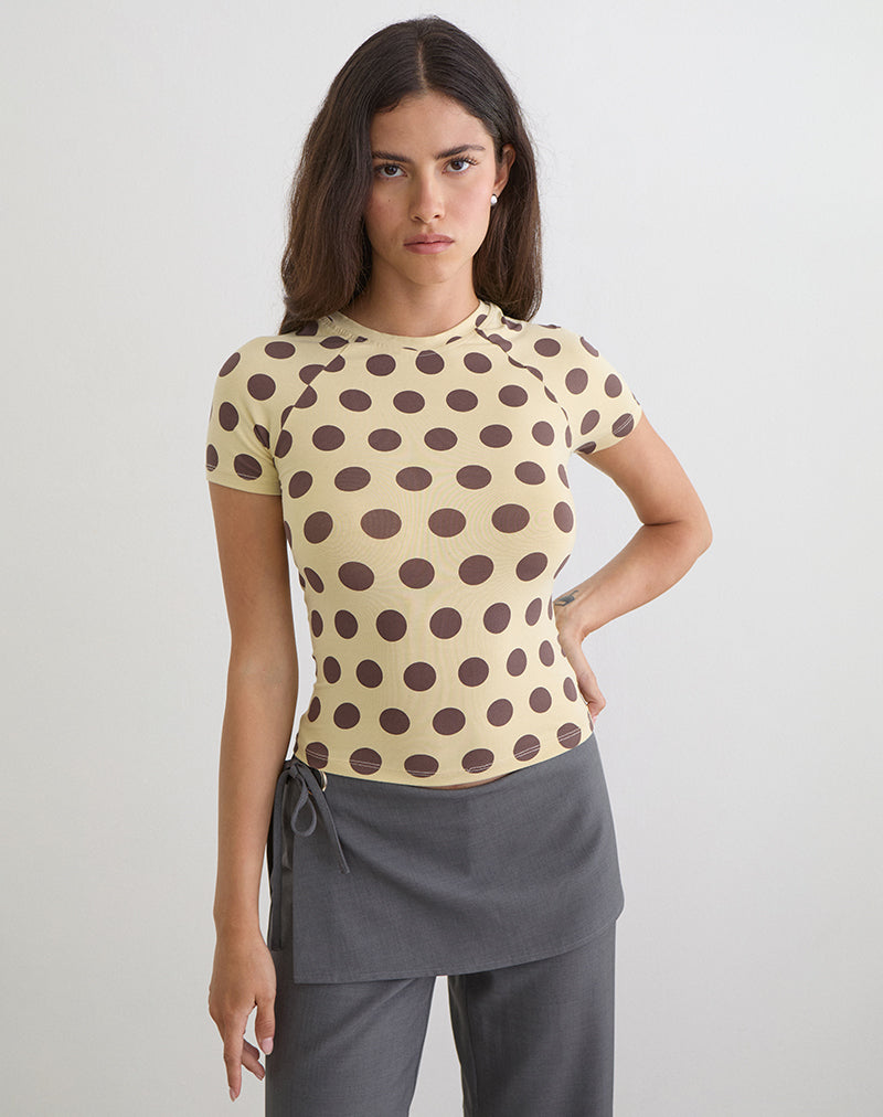 Agneta Tee in Yellow with Big Brown Polka Dots