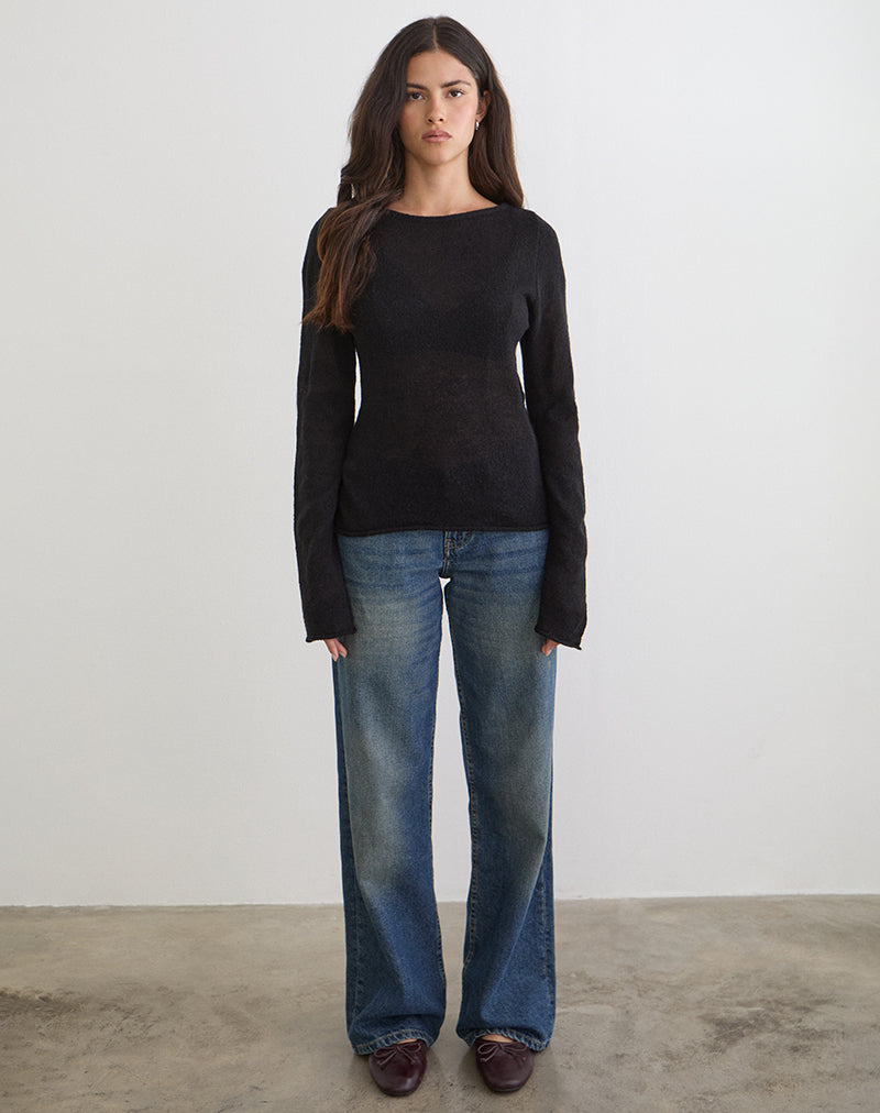 Aika Long Sleeve Top in Sheer Knit Black