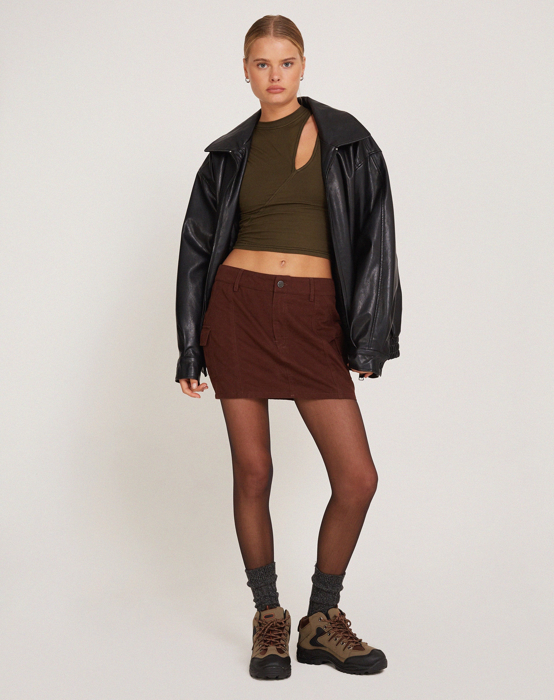 Image of Ajeng Low Rise Cargo Mini Skirt in Seal Brown